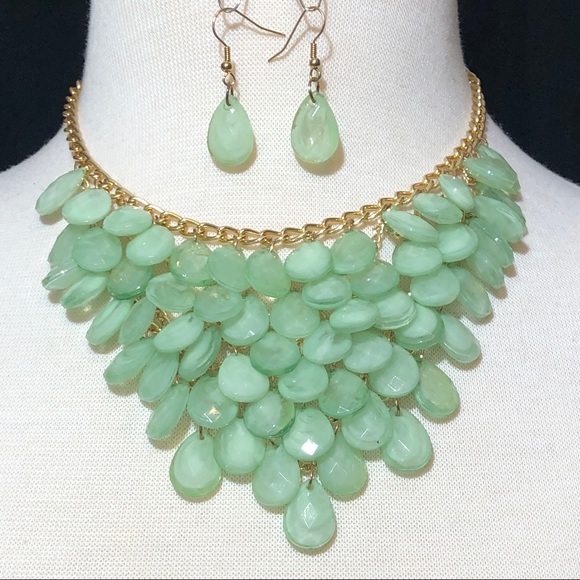 Mint Green Cascading Bib Necklace Earrings Set - Picture 1 of 2